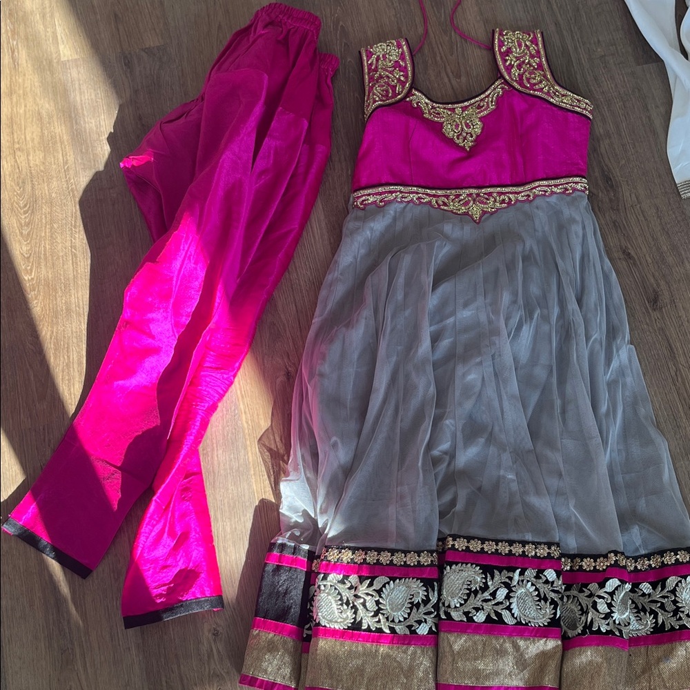 Pink and Gray Embroidered Dress with Pants